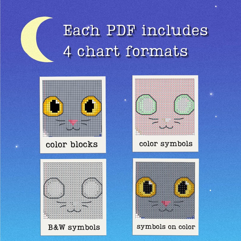 May include: An image with a night sky background and a crescent moon. The text reads "Each PDF includes 4 chart formats." Four cross-stitch cat face charts are displayed, labeled "color blocks," "color symbols," "B&W symbols," and "symbols on color."