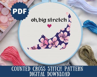 Oh Big Stretch Cat Funny Cross Stitch Pattern | Cherry Blossom Cat | Modern Snarky Counted Cross Stitch | Digital Download | Cat Lover Gift