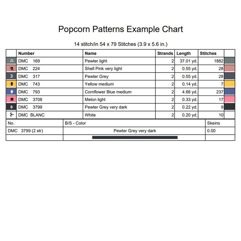Puede incluir: Un gr&aacute;fico con una lista de colores de hilo para bordar DMC y sus nombres, longitudes y recuentos de puntadas correspondientes. El gr&aacute;fico se titula "Popcorn Patterns Example Chart" e incluye informaci&oacute;n sobre el n&uacute;mero de puntadas por pulgada y el n&uacute;mero total de puntadas. El gr&aacute;fico es para un proyecto que utiliza 14 puntadas por pulgada y tiene un total de 54 x 79 puntadas, lo que equivale a 3,9 x 5,6 pulgadas.