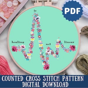 May include: A cross-stitch pattern in a wooden hoop with the words "healing is not linear". The design features a floral heartbeat pattern in pink, yellow, and blue on a teal background. The image includes embroidery floss and craft supplies.