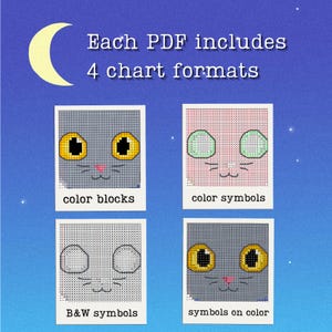 以下が含まれることがあります： 夜空の背景と三日月が描かれた画像。テキストは「各PDFには4つのチャート形式が含まれています」と表示されています。猫の顔が描かれた4つのクロスステッチチャート形式が表示されています。カラーブロック、カラーシンボル、白黒シンボル、カラーシンボル。