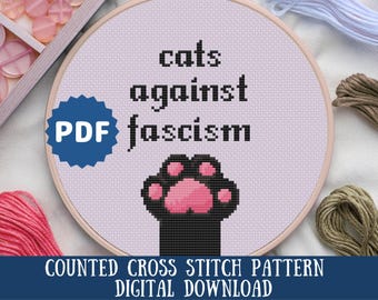 Padrão de ponto cruz "Gatos contra o fascismo": presente para amantes de gatos feministas (padrão em PDF)