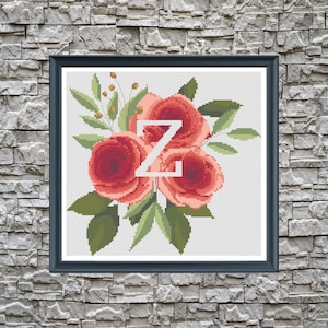 Wedding cross stitch, Monogram letter Z Roses flowers Modern cross stitch pattern, floral xstitch, nursery cross stitch, baby shower gift