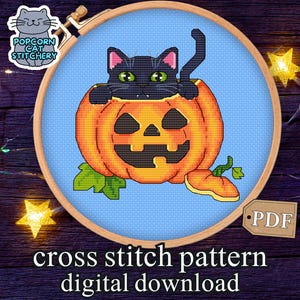 Halloween Black Cat Cross Stitch Pattern | Pumpkin Jack-o&#39;-lantern | Counted Cross Stitch | Digital Download | Cat Lover Gift | Spooky Decor
