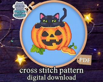 Halloween Cross Stitch Pattern PDF – Witchy Black Cat Pumpkin Embroidery, Spooky Gift for Cat Lovers, Instant Digital Download