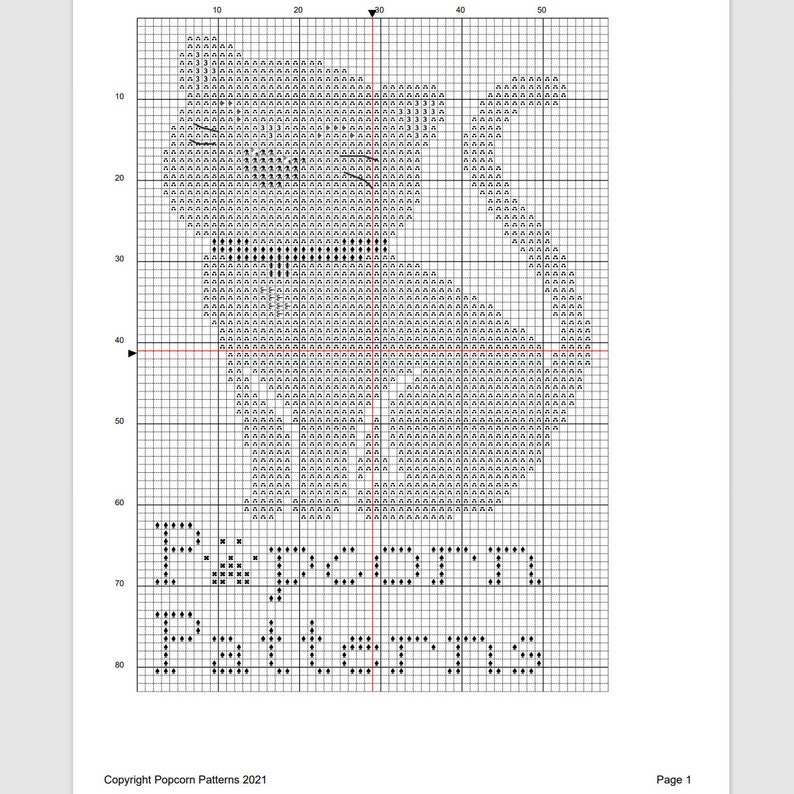 Puede incluir: Patr&oacute;n de punto de cruz en blanco y negro para un dise&ntilde;o que dice "Popcorn Patterns".