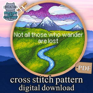 Mountain Sunset Cross Stitch Pattern: Tolkien Quote (PDF Download)