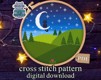 Celestial Cat Cross Stitch Pattern: Night Sky Crescent Moon and Stars (PDF Digital Download)