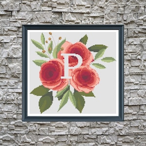 Wedding cross stitch, Monogram letter P Roses flowers Modern cross stitch pattern, floral xstitch, nursery cross stitch, baby shower gift