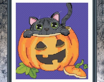 Happy Halloween pumpkin black cat cross stitch pattern, spooky trick or treat, autumn fall needlepoint, colorful beginner holiday embroidery