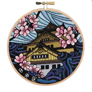 Schema punto croce Paesaggio in fiore di ciliegio, schema tempio giapponese sakura, download istantaneo, schema pdf, schema punto croce
