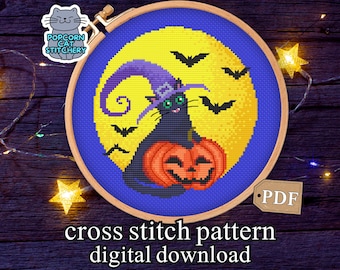 Halloween Cross Stitch Pattern PDF– Witchy Cat Full Moon Embroidery, Spooky Cat Lover Design, Cozy Fall Decor, Instant Digital Download