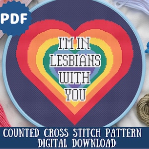 Penso di essere in Lesbiche con te Scott Pilgrim Schema punto croce / Schema punto croce divertente / Ricamo cuore arcobaleno LGBTQIA+ Pride