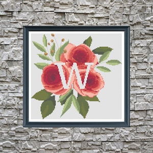Wedding cross stitch, Monogram letter W Roses flowers Modern cross stitch pattern, floral xstitch, nursery cross stitch, baby shower gift