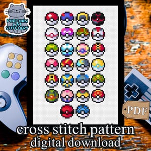 Pokemon Pokeballs Cross Stitch Pattern | Pokemon Art Gamer Gift | geeky cross stitch | Gaming Decor Digital Download | Anime gift for him