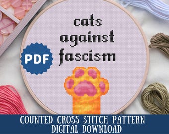Padrão de ponto cruz "Gatos contra o fascismo": presente para amantes de gatos feministas (padrão em PDF)