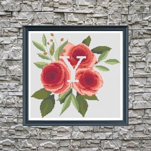 Wedding cross stitch, Monogram letter Y Roses flowers Modern cross stitch pattern, floral xstitch, nursery cross stitch, baby shower gift