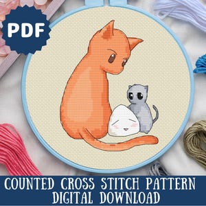 May include: Counted cross stitch pattern featuring a red cat, a gray cat, and a white mochi. The pattern is for a digital download.