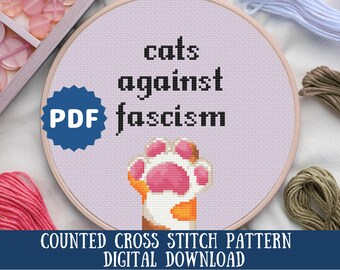 Padrão de ponto cruz "Gatos contra o fascismo": presente para amantes de gatos feministas (padrão em PDF)
