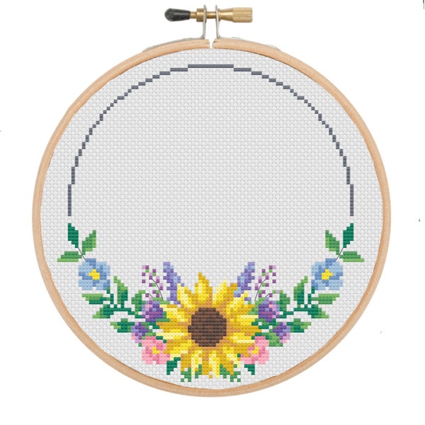 Modern sunflower floral flower wreath cross stitch frame pattern, wedding anniversary pdf pattern, birth announcement baby shower gift