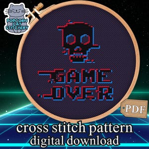 Funny 8 Bit Game Over Video Game Beginner Cross Stitch Pattern | Vintage Video Games Skull Funny Cross Stitch Pattern | Easy Embroidery