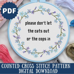 Funny Cat Cross Stitch Pattern: Snarky Floral Design (PDF)