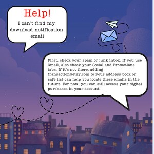 May include: An illustrated image with a night sky background and a cityscape. Two speech bubbles contain text: "Help! I can't find my download notification email" and instructions on how to find the email. A paper airplane and envelope are also depicted.