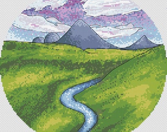 Sunset Mountain stream river scene Landscape nature Cross Stitch Patttern, instant download pdf, round pattern chart, colorful stitch