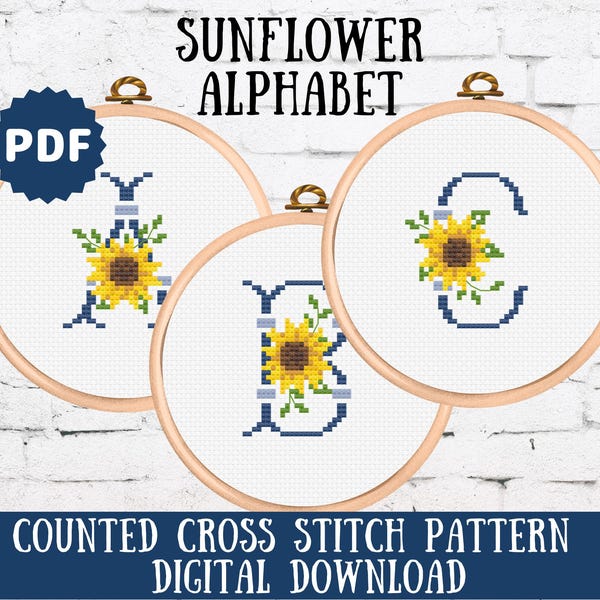 Sunflower Alphabet Cross Stitch Pattern: Floral Monogram (Digital Download)