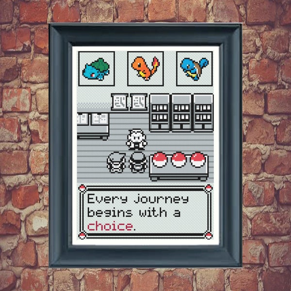 Pokemon starter cross stitch pattern, first gen Pokemon, Professor oak, pkmn yellow red green, nerdy video game xstitch pattern, pixel art