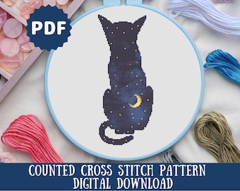 Celestial Cat Cross Stitch Pattern: Night Sky Moon Design (PDF Digital Download)
