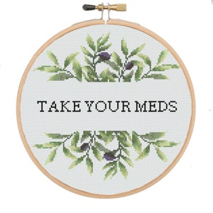 Green leaves olive branch mental health take your meds cross stitch pattern, therapy counseling depression anxiety psychology cross stitch