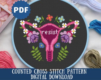 Puede incluir: Patrón de punto de cruz contado con un útero rosa con detalles florales y la palabra "resist" en el centro. El patrón está sobre un fondo negro y está rodeado por un borde azul.