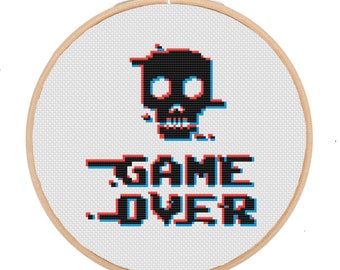 Funny 8 bit game over video game glitch cross stitch pattern, vintage video games skull pattern, easy beginner smallcross stitch