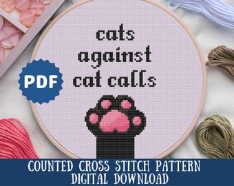 Padrão de ponto cruz "Cat Against Cat Calls": presente feminista para amantes de gatos (download digital em PDF)