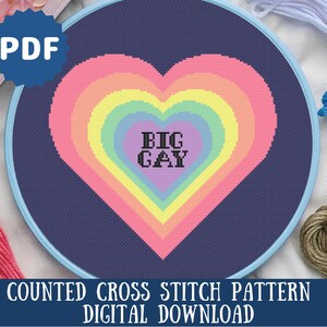 Big Gay Pride Cross Stitch Pattern | LGBTQIA+ Pride Rainbow Heart Embroidery | Funny Cross Stitch Pattern| Queer art Digital Download