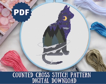 Night Sky Cat Cross Stitch Pattern: Crescent Moon (PDF Digital Download)