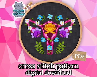 Patrón de punto de cruz feminista de útero en PDF: bordado moderno de anatomía proelección, regalo sarcástico para enfermeras y feministas, descarga digital instantánea