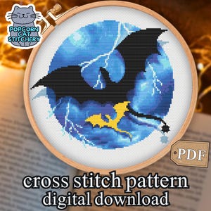 Fourth Wing Dragon Cross Stitch Pattern PDF – Empyrean Tairn & Andara Fantasy Lightning Embroidery, Instant Digital Download
