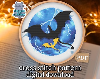 Korsstygnsmönster med fjärde vingen i PDF-format – Empyrean Tairn & Andara Fantasy Lightning Broderi, omedelbar digital nedladdning
