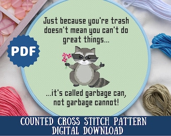 Funny Raccoon Cross Stitch Pattern: Snarky Trash Panda (PDF Download)