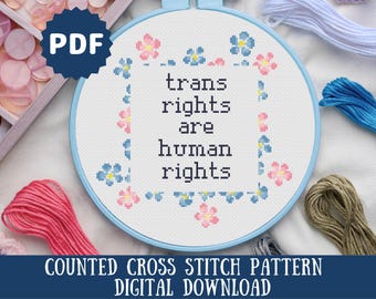 Patrón de punto de cruz "Derechos Trans": Bordado Floral del Orgullo (Descargar PDF)