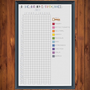 May include: A year in stitches cross stitch pattern with a key and color coded squares for each month of the year. The colors represent different emotions: angry, affectionate, neutral, happy, anxious, sad, stressed, excited, calm, and bored.