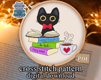 Black Cat Cross Stitch Pattern: Read Books, Stay Weird | Beginner Embroidery PDF Digital Download