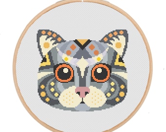 modern xstitch, black Orange cat geometric cross stitch, trick or treat, fall cross stitch, colorful easy embroidery, cat cross stitch