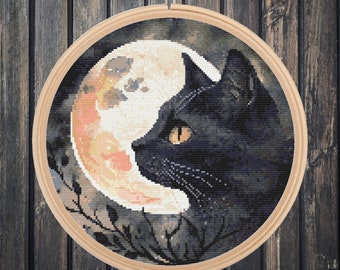 witch moon black cat Cross Stitch Pattern, printable PDF, crazy cat lady cross stitch design, instant download, kitty cat rescue gift