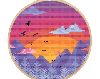 Kreuzstichmuster: Sonnenuntergang Berg Kreuzstichmuster: Moderne Landschaft (PDF-Muster)