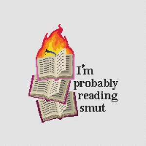 May include: A pixelated design featuring three open books, one on fire, with the text "I'm probably reading smut." The books have purple covers and beige pages. The flames are in shades of orange and red.