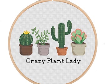 Crazy plant lady succulents cactus cross stitch pattern, modern simple beginner cure needlepoint, office cross stitch, self care pattern