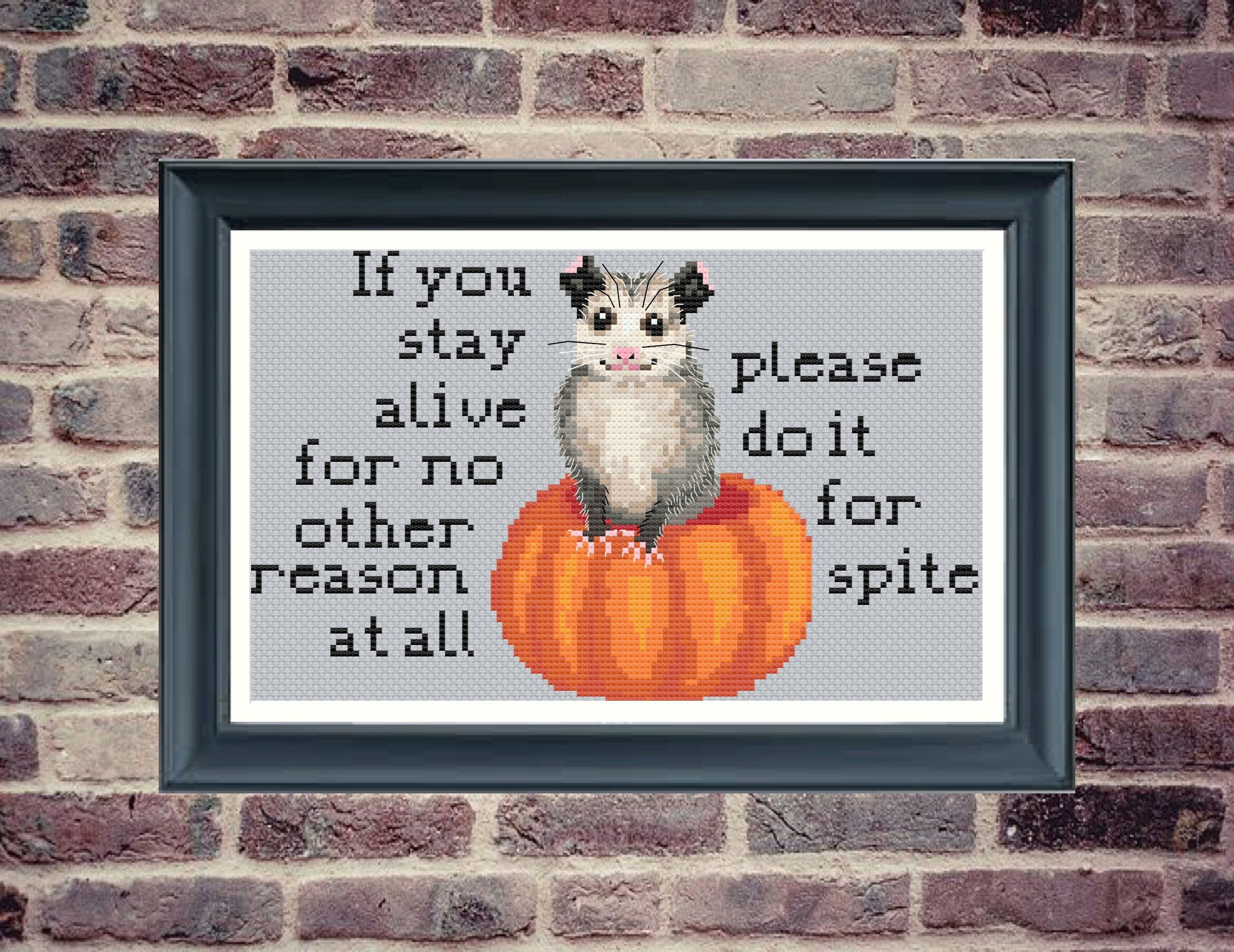 small Cute Opossum cross stitch pattern chart, modern cross stitch, adorable animal needlepoint, possum cross stitch, halloween pumpkin fall
